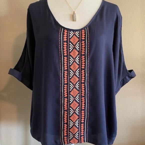 Harper Tops - Blue and Coral Cold Shoulder Top/Size L
